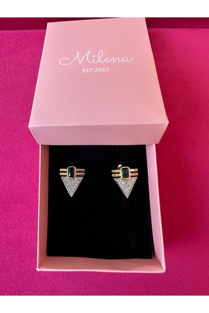 Milena Istanbul Emerald Stone Triangle Design Earrings