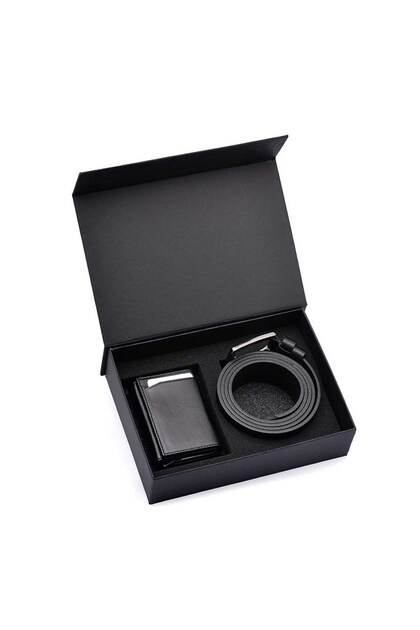 طقم محفظة وحزام رجالي من الجلد الطبيعي مع آلية - هدية - حقيبة العريس (فخامة فائقة)