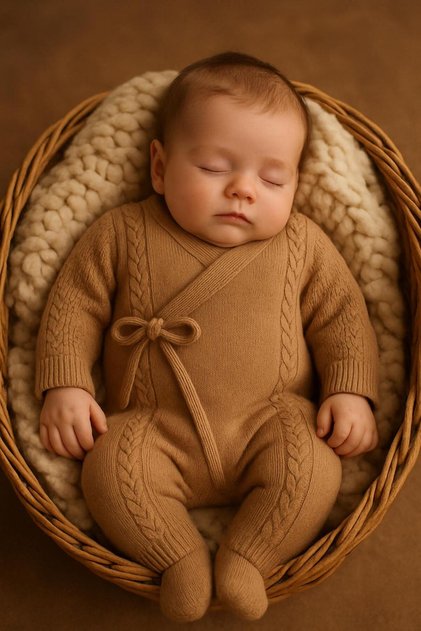 Seamless Kimono Knitwear Baby Romper with Hair Braid Detail – Unisex, Gift, Newborn