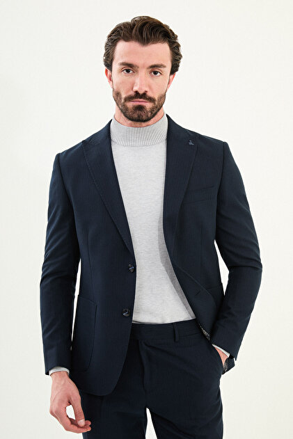 Striped Slim Fit Bag Pocket Wide Collar Bag Pocket Men's Suit Navy Blue - 45407.25K