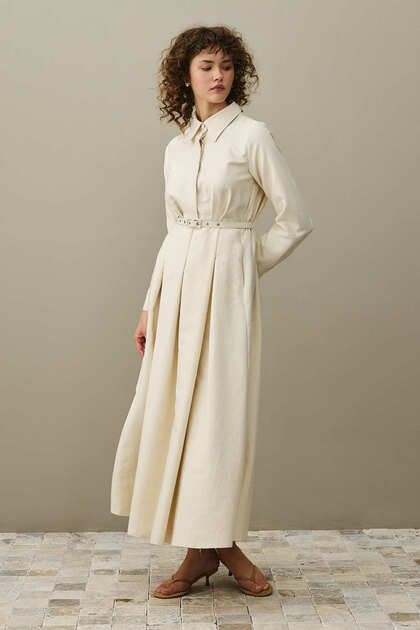 Pens Detailed Dress Beige