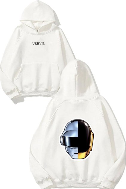 Daft Punk Half Design Printed Oversize White Hooded Sweatshirt