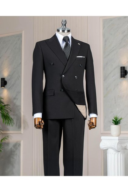 İtalyan stil kruvaze ceket pantolon takım elbise siyah T14087