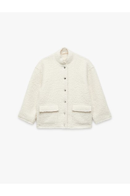 Stand Collar Long Sleeve Wrap-Around Jacket with Flap Pockets