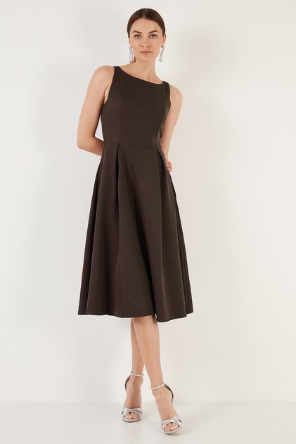 Regular Fit Crew Neck Pocketed Pleated Midi Length Evening Dress DRESS 6111963