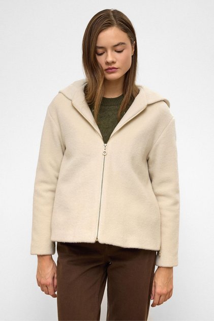 Hooded Zipper Detailed Oversize Short Coat Beige 3130
