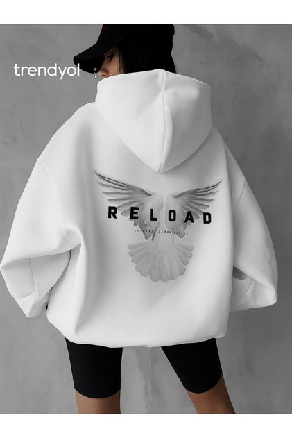 Unisex Oversize Hooded Sweatshirt with Back Wing and Reload Lettering Print Casual Streetwear