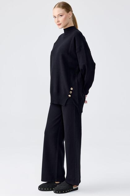 Tunic Pants Set with Buttons on the Sides Black