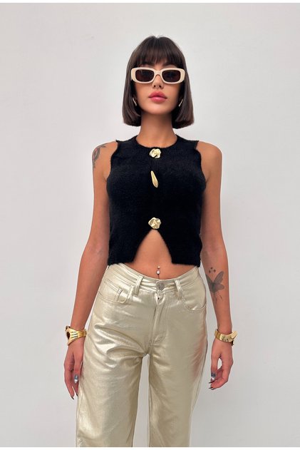 Women's Gold Buttoned Bearded Sweater