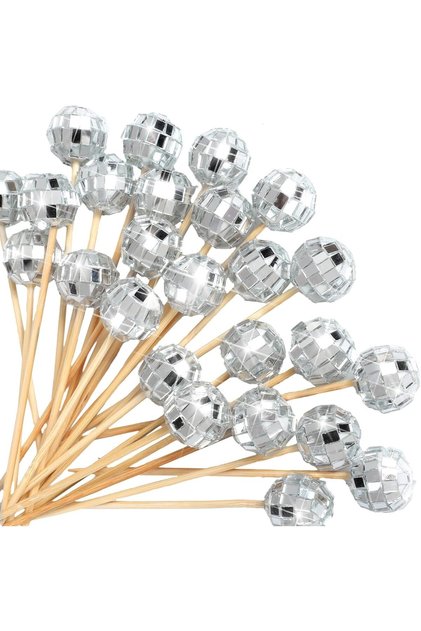 Cocktail Disco Ball Toothpick with Wooden Stick Silver15 cm 6 Pieces