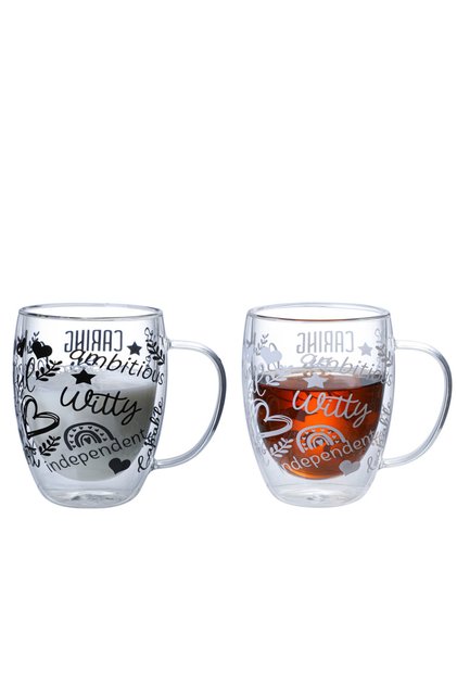 Set of 2 - Borosilicate Positive Quote Printed Double Wall Glass Cup, 50ml