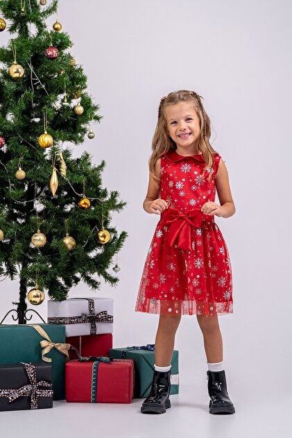 zuzunga Girl's Noal Themed Snowflake Red Bow Tulle Dress- Trendyol