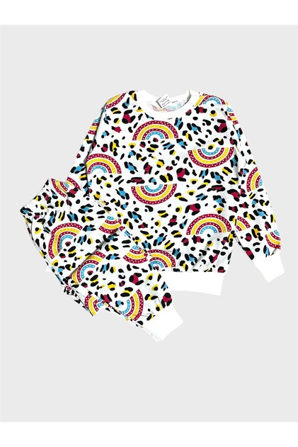 Girls' Cotton White Rainbow Patterned Long Sleeve Seasonal Pajama Set