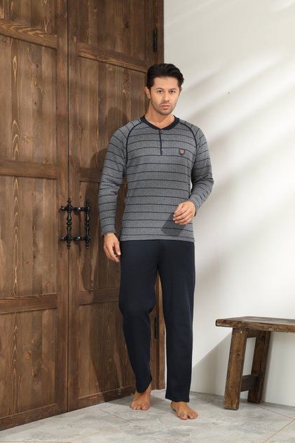 Winter Men's Interlock Collar Buttoned Long Sleeve Pajama Set