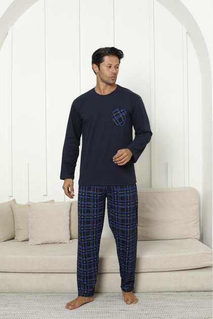 Men's 100% Organic Natural Cotton Plaid High Quality Long Sleeve Pajama Set with Pocket Detail