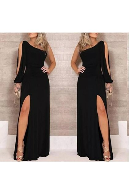 One shoulder open deep slit crepe full length dress
