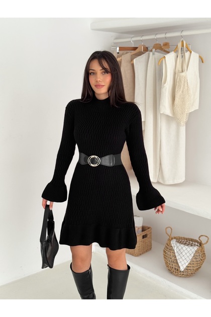 Crew Neck Ribbed and Belted Dress