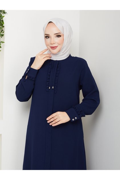 فستان سينا من قماش خلية النحل المزين بالكشكشة (أزرق داكن)