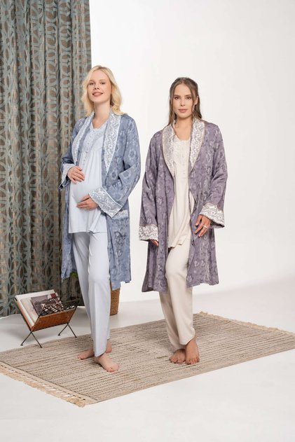 Women's Blue Jacquard Satin Shawl Collar Winter Special Design Maternity Pajama Set