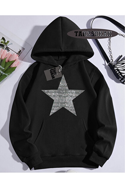 Tarzsokak Kapşonlu Sweatshirt Siyah YILDIZ DESENLİ Özel Tasarım