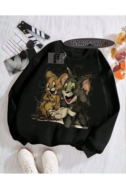 Biskilet Yaka Sweatshirt Siyah Tom And Jerry Cartoons Özel Tasarım