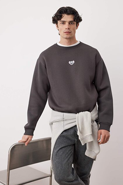Antrasit Bisiklet Yaka Oversize/Geniş Kesim İçi Polarlı Koala Nakış Sweatshirt TMNAW24SW00064
