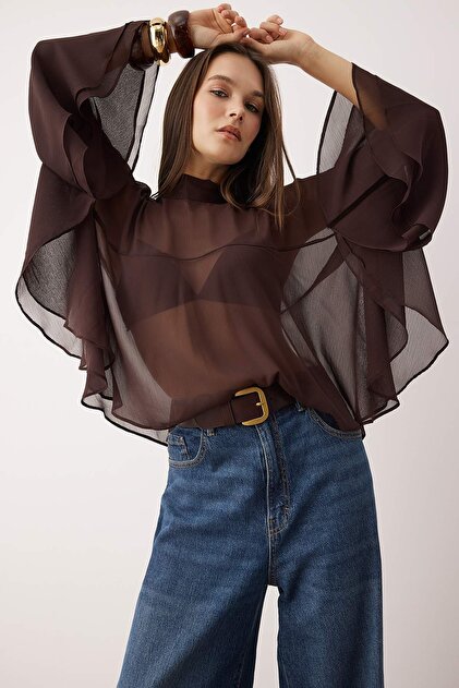 Dark Brown Ruffled Unlined Boho Woven Blouse TWOAW26BZ00203