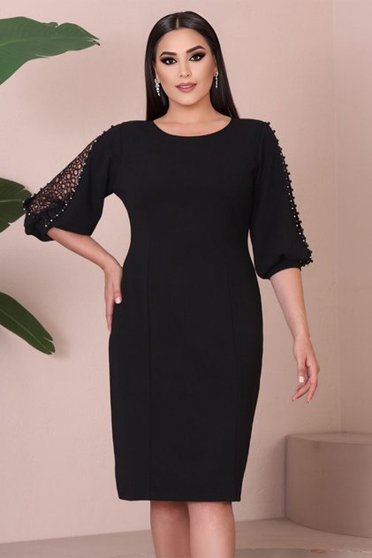 Rochie eleganta de ocazie, decorata cu pietricele si dantela la maneci, culoare negru
