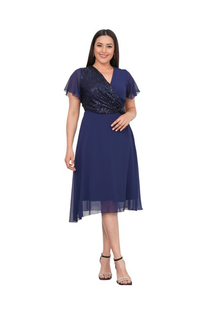 Rochie Georgiana, elegantă bleumarin cu paiete și mâneci din voal – midi, pentru ocazii speciale