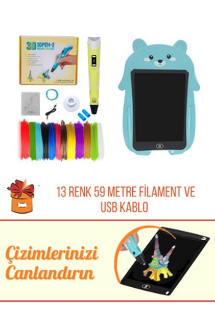 3D Kalem 3D Pen USB Kablolu Üç Boyutlu Yazıcı Kalem Printer Ve Mavi Panda Grafik Tablet Set - Sarı