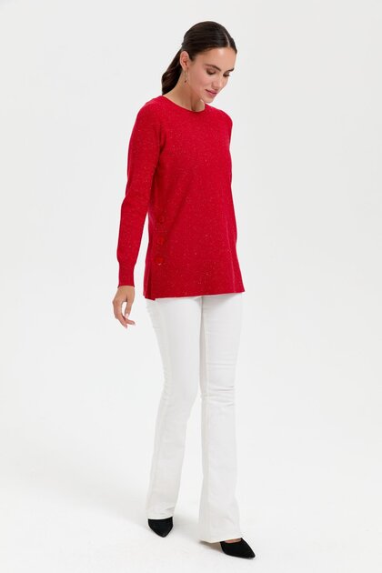 Women's Crew Neck Seamless Glitter Blouse with Buttons on the Side Red