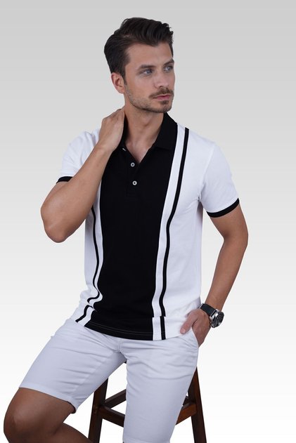 White Black Double Color Men's Polo Neck T-Shirt