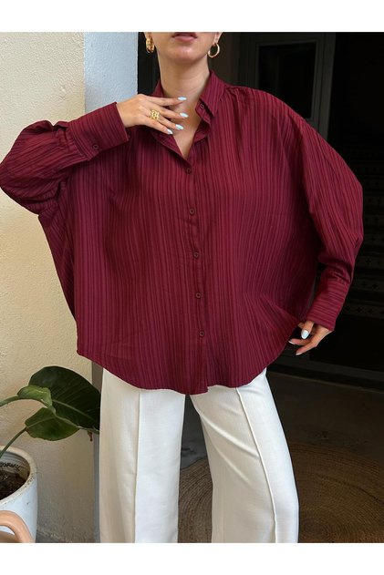 Bordo Oversize Geniş Manşetli Kadın Gömlek 27384