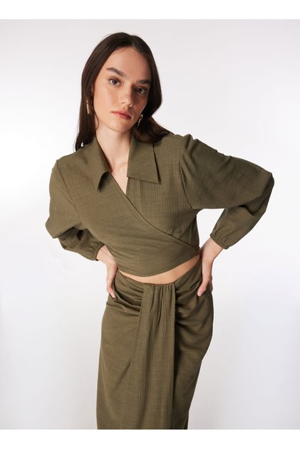 Haki Kadın Kruvaze Yaka Crop Bluz F4SL-BLZ0860