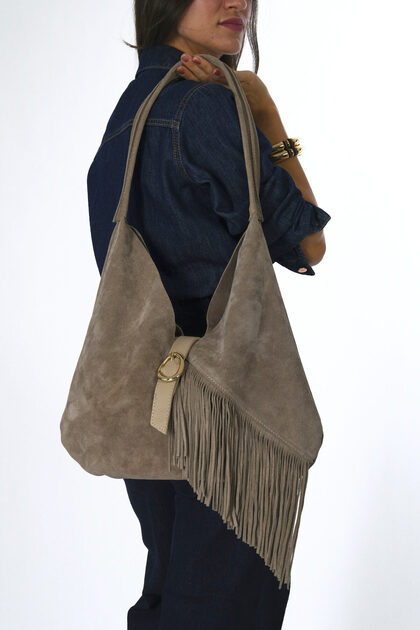 Women's Genuine Suede Leather Handbag with Puppy Motif and Side Fringe