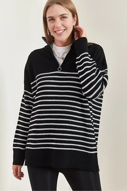 Women's Fisherman Zippered Collar Striped Knitwear Sweater Daily Use Seasonal