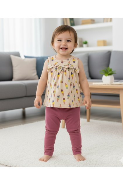 Bow, Ice Cream Patterned Baby Girl Double Set 6 Months, 9 Months, 12 Months, 18 Months