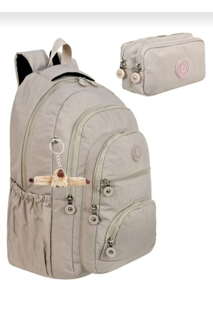 Set of 2 Luxury Crinkle Fabric Cream High School and Middle School Backpack + Pencil Case, with Monkey Keychain Gift