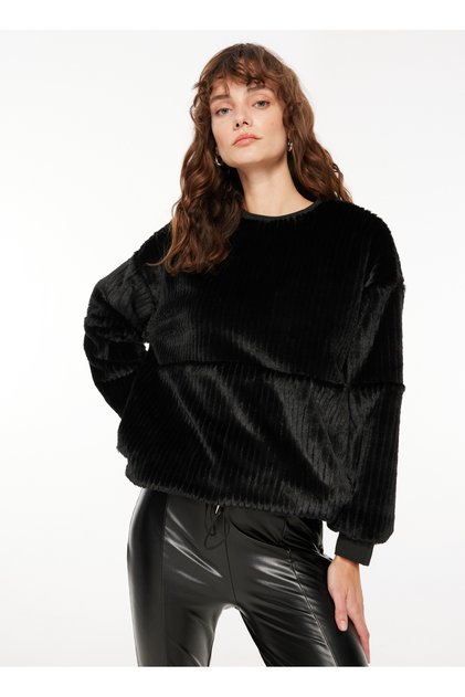 Pulover negru cu decolteu rotund, croială largă, pentru femei F3WL-KZK5