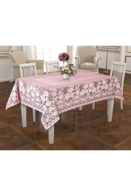 Knitted Tulle Fabric Rose Patterned Tablecloth 140X180 Pink