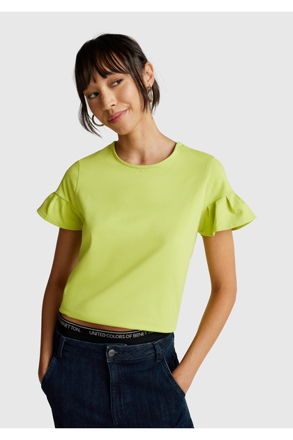 Women's Light Green Cotton Blend T-Shirt with Ruffle Detail on the Sleeves