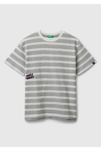 Boy's Gray Striped Oversize T-Shirt with Text Detail on the Front and Logo Label on the Sleeve
