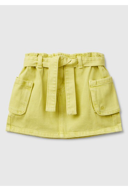 Girl's mustard logo detailed pocketed waist tied denim cargo skirt