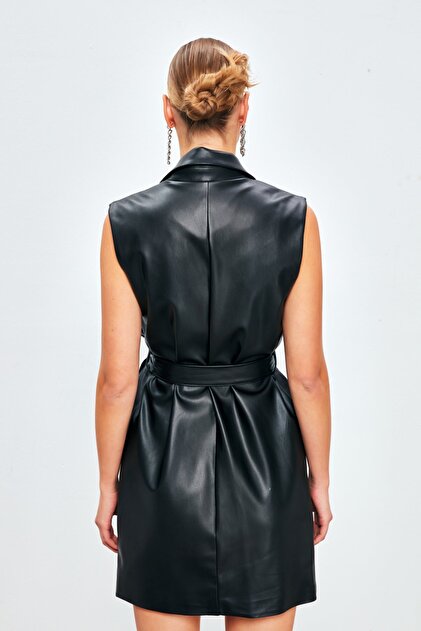Sateen Black Leather Vest Dress - Belted- Trendyol