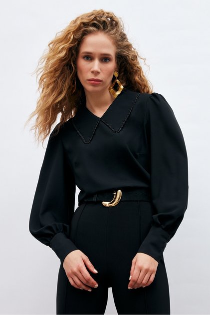 Bluse mit Perlenkragen - Schwarz