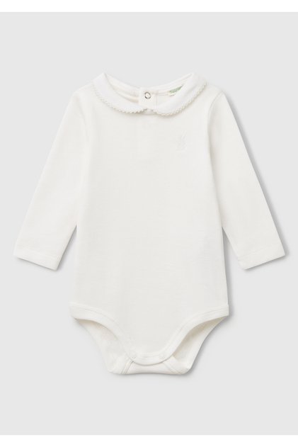 Bebek Ekru Önü Logo İşlemeli Çıtçıtlı Bebek Yaka Uzun Kollu Body