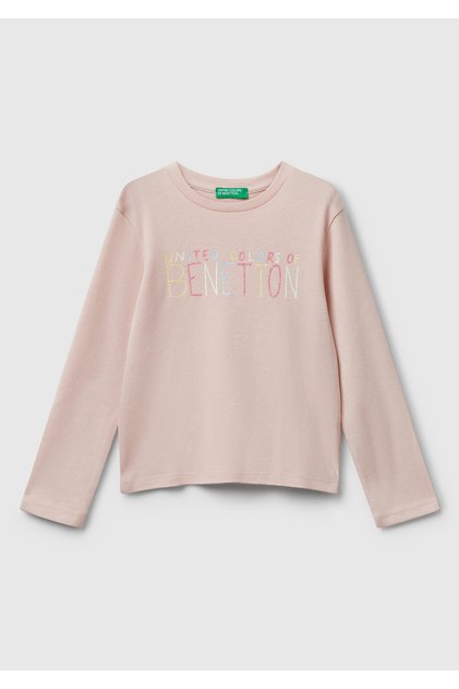 Kız Çocuk Toz Pembe Önü Parıltılı Logo Baskılı Slim Fit Uzun Kollu T-shirt