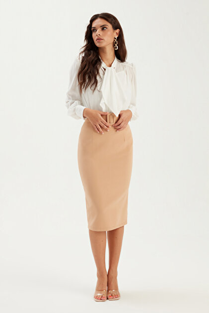 Sateen Belted Pencil Skirt - Camel- Trendyol