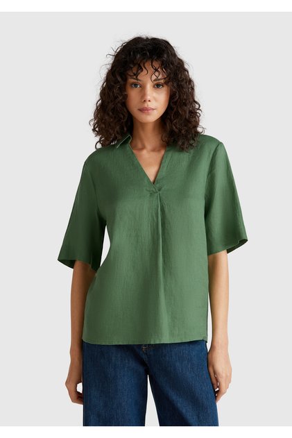 Women's Light Green 100% Linen Relax Fit V Shirt Collar Short Sleeve Blouse
