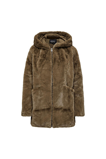 ONLY Kahve Kadın Kapüşonlu Suni Kürk Kaban ONLNEWMALOU FAUX FUR